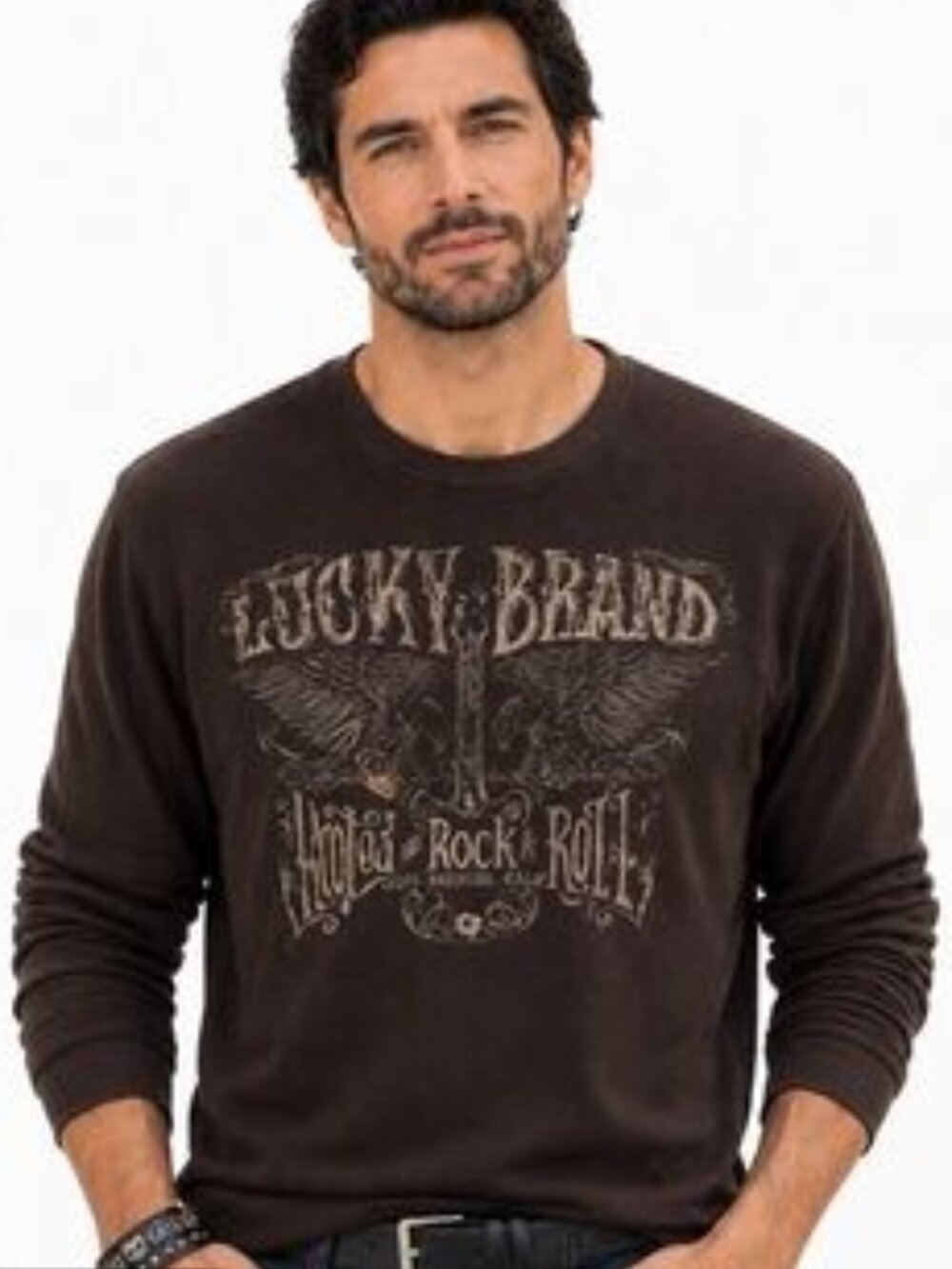 Lucky Brand Men’s Chocolate Brown Waffle-Knit Graphic Crewneck Shirt Size XL Y2K